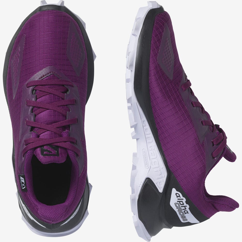 Kids' Salomon ALPHACROSS BLAST CLIMASALOMON™ WATERPROOF Trail Running Shoes Purple/Black/Purple | AWXS-53274