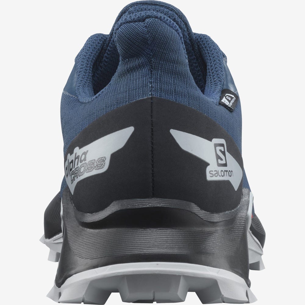 Kids' Salomon ALPHACROSS BLAST CLIMASALOMON™ WATERPROOF Trail Running Shoes Dark Blue/Black | GLVN-94067